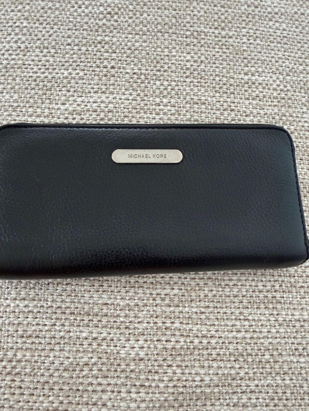 Michael Kors Black Leather Zip Wallet with Metal Logo Plaque